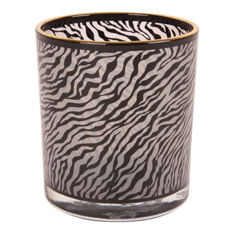 Tealight Holder 8 cm - Zebra Print - Black - Glass