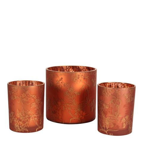 Flower Print Tealight Holder 15 cm - Red - Glass