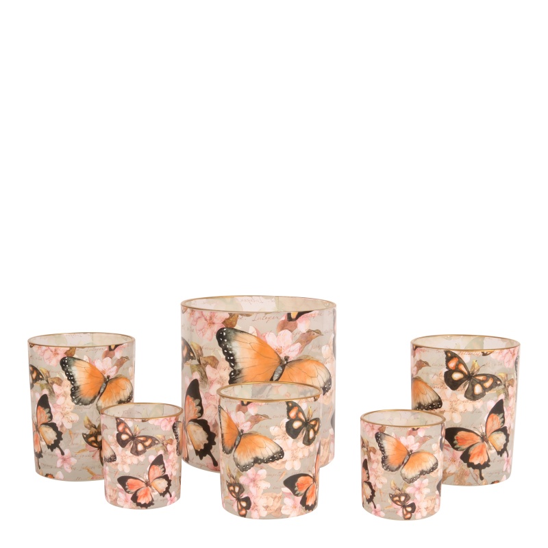 Waxinelichthouder met Vlinders 15 cm - Roze - Glas