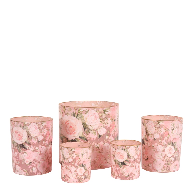 Waxinelichthouder Bloemenprint 12,5 cm - Roze - Glas