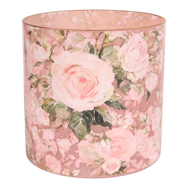 Waxinelichthouder Bloemenprint 15 cm - Roze - Glas