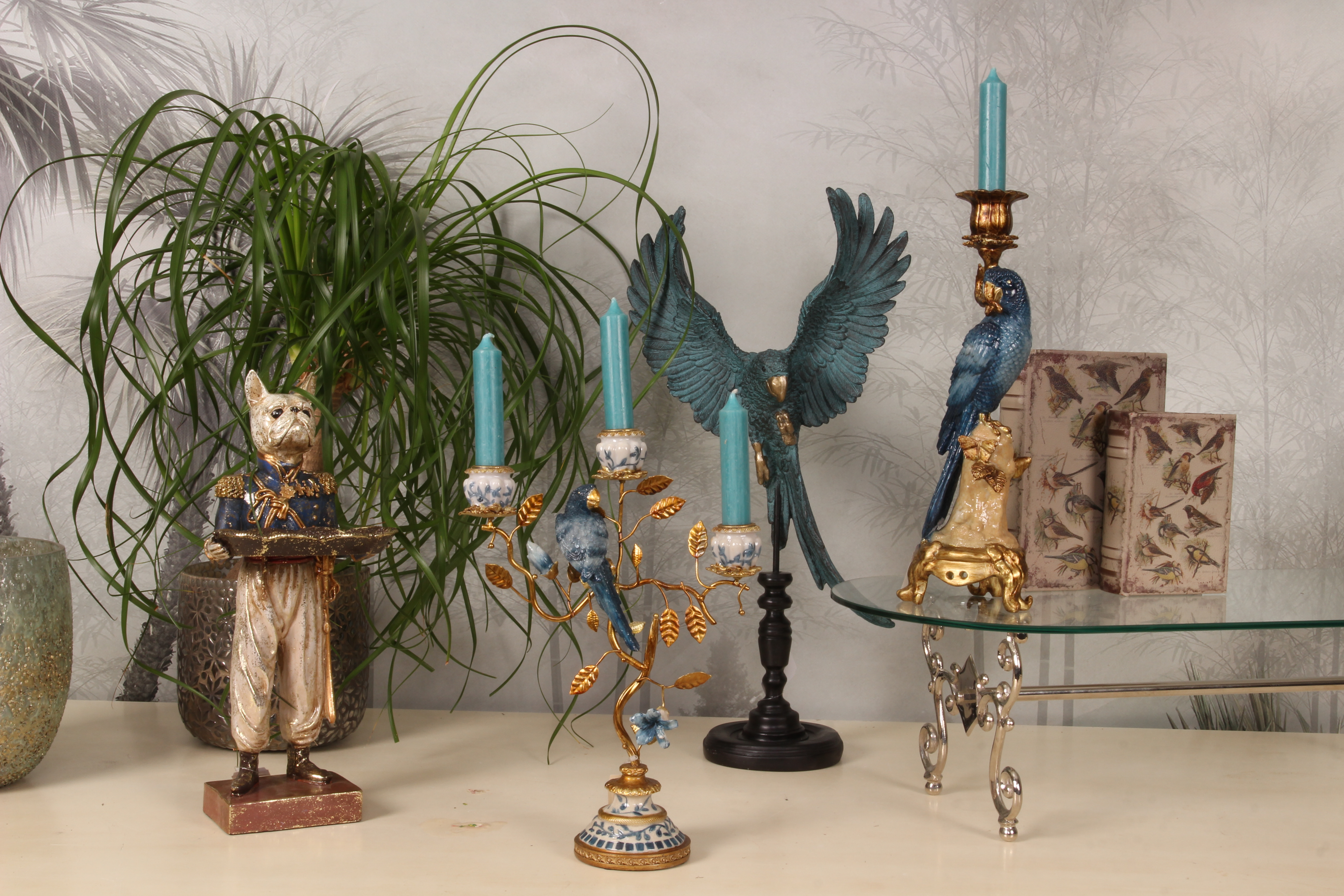 Kandelaar Papegaail 32 cm - Blauw - Resin