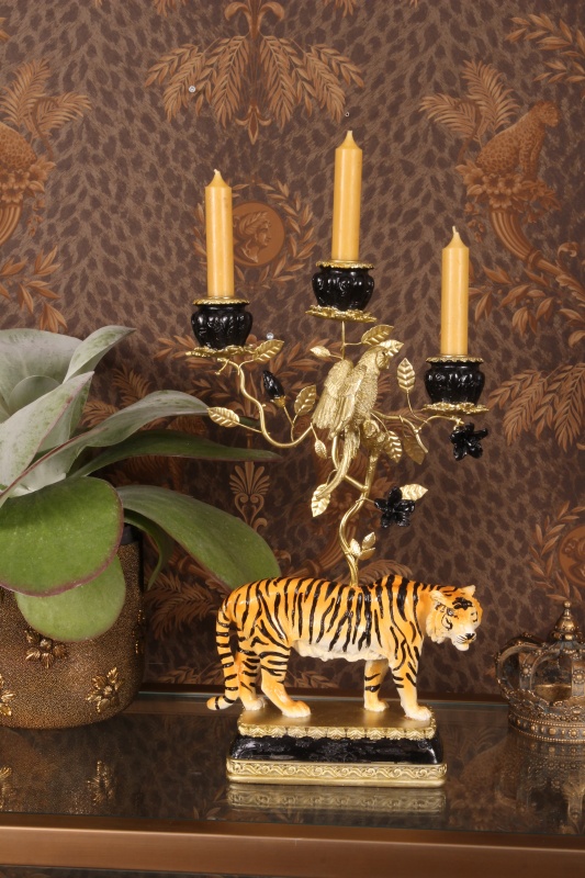 Kandelaar Tijger 38 cm - Zwart - Resin