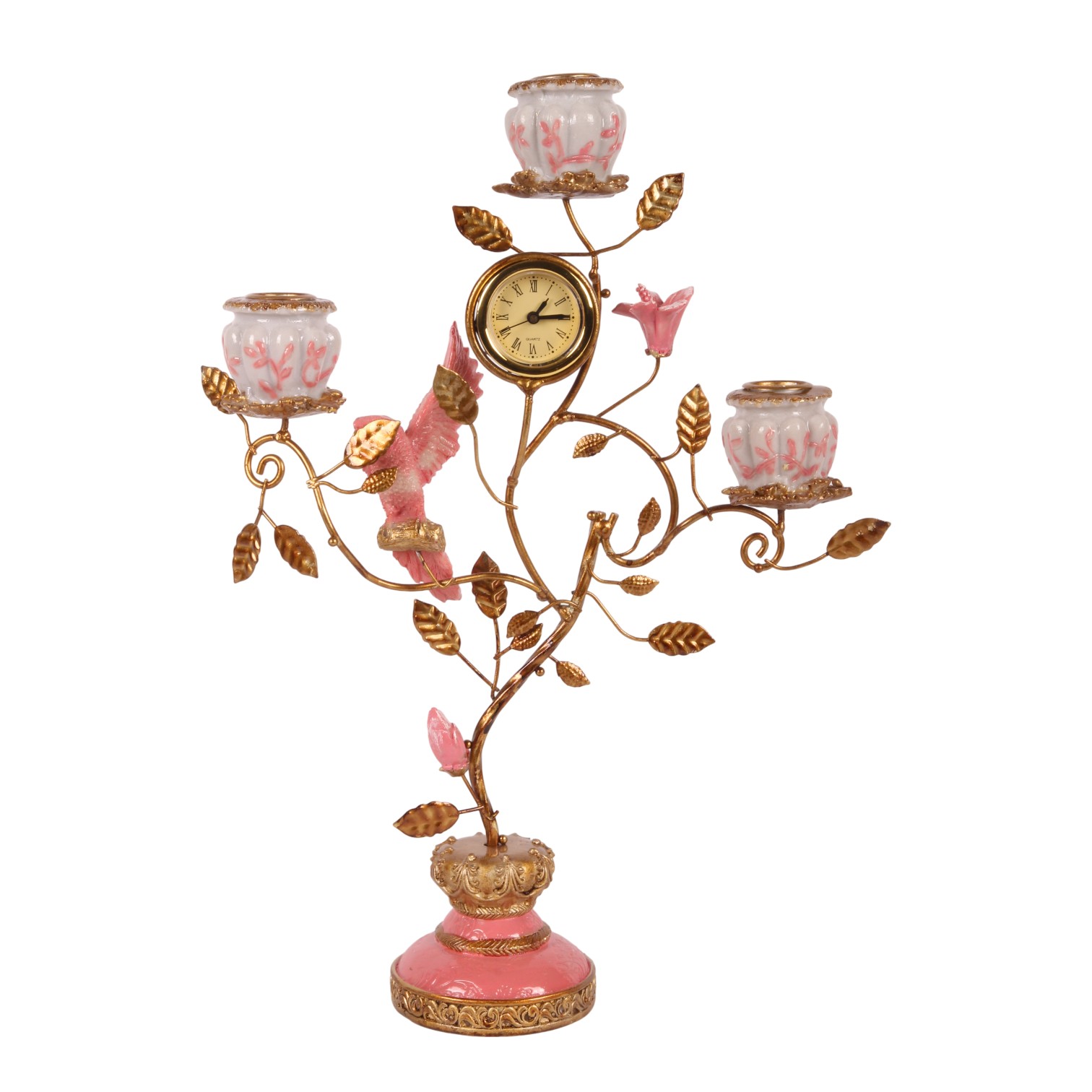 Kandelaar Papegaai met Klok 32 cm - Roze - Resin