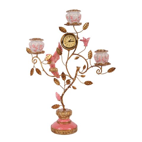 Parrot Candle Holder with Clock 32 cm - Pink - Resin