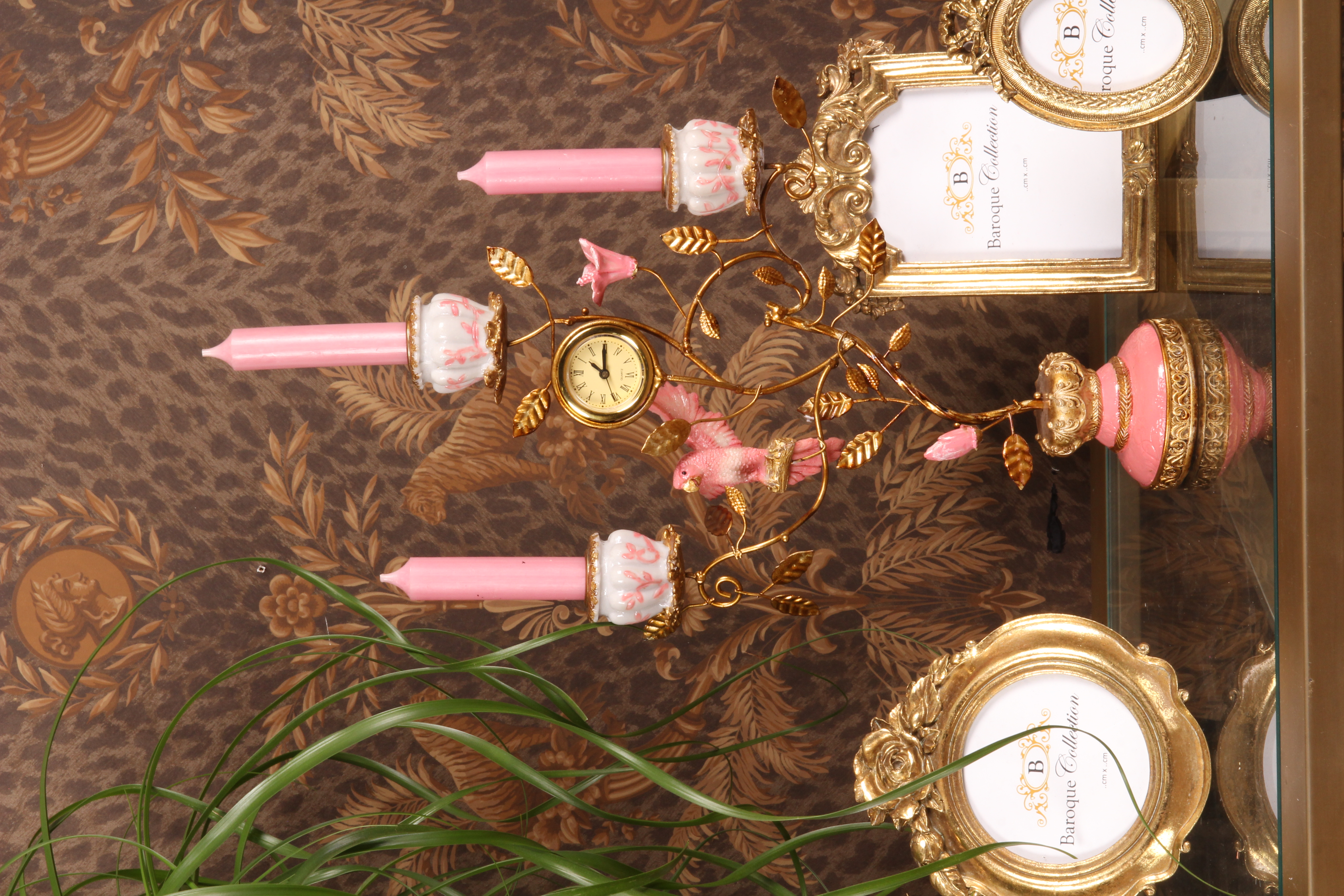 Kandelaar Papegaai met Klok 32 cm - Roze - Resin