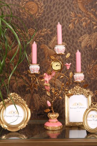 Parrot Candle Holder with Clock 32 cm - Pink - Resin