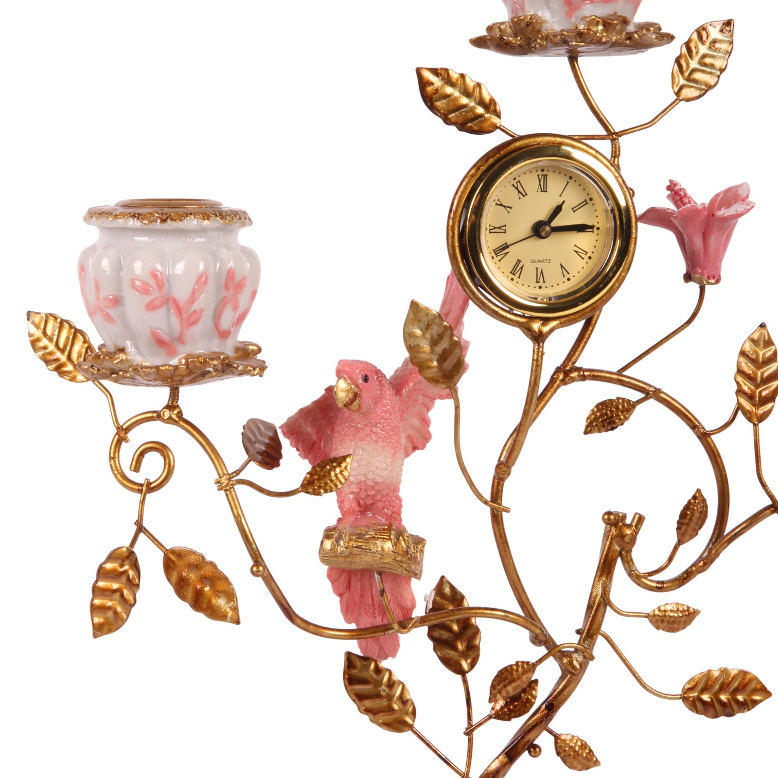 Kandelaar Papegaai met Klok 32 cm - Roze - Resin