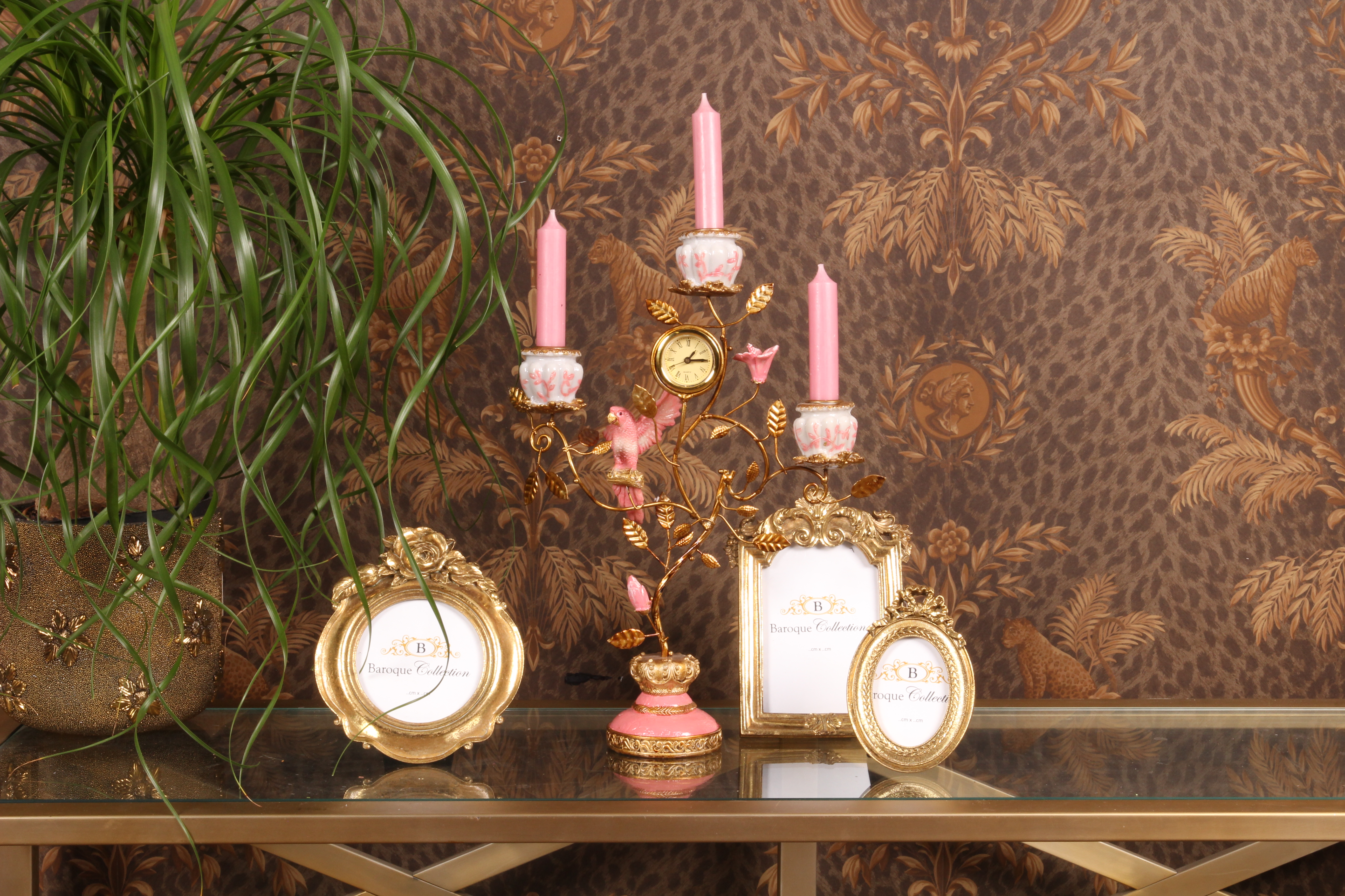 Kandelaar Papegaai met Klok 32 cm - Roze - Resin