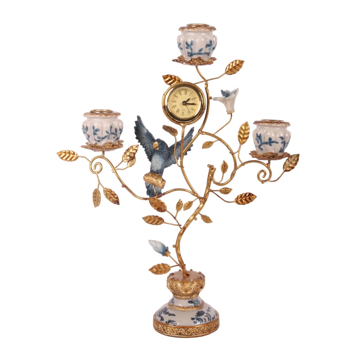 Kandelaar Papegaai met Klok 16,5 cm - Blauw - Resin