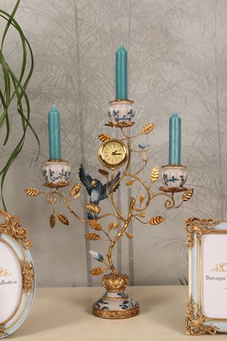 Kandelaar Papegaai met Klok 32 cm - Blauw - Resin