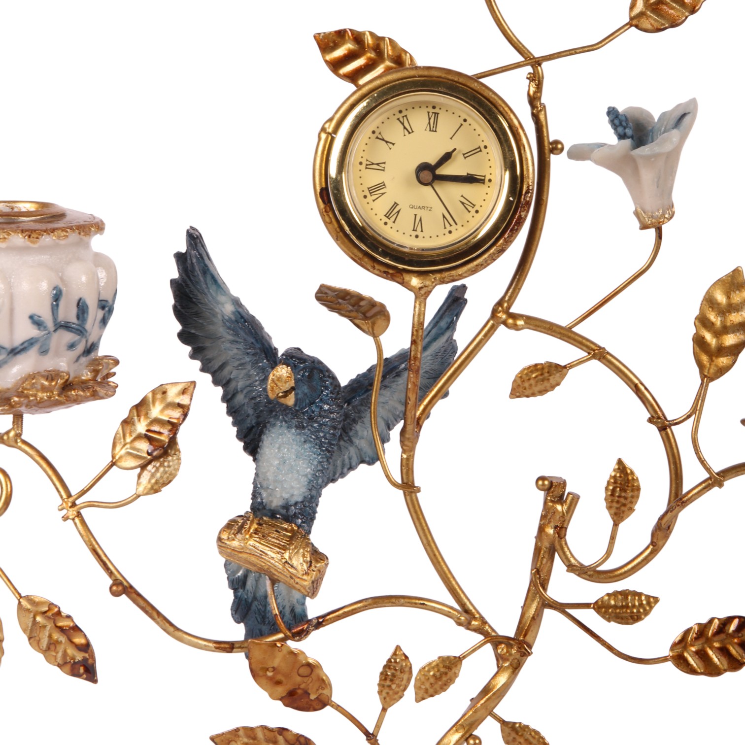 Kandelaar Papegaai met Klok 16,5 cm - Blauw - Resin