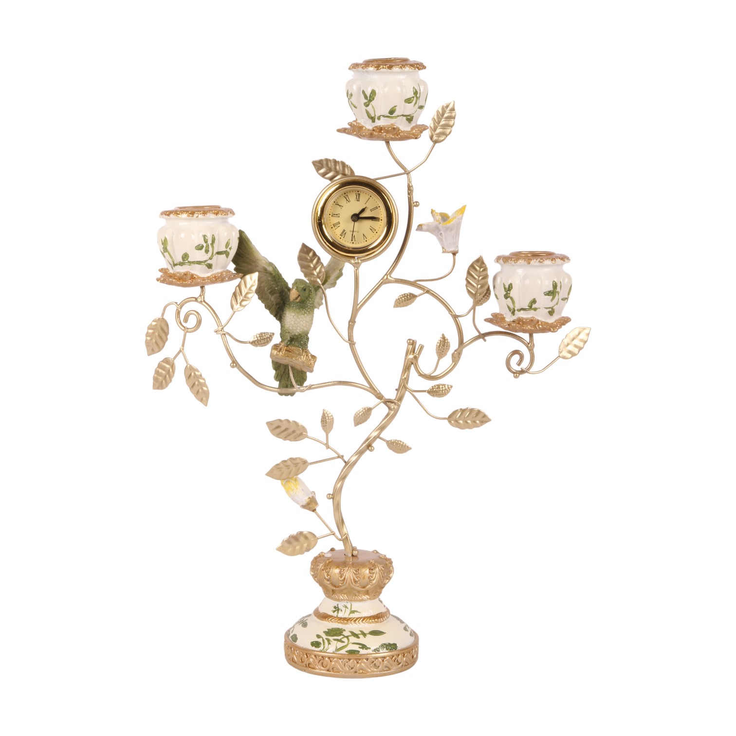 Kandelaar Papegaai met Klok 32 cm - Groen - Resin