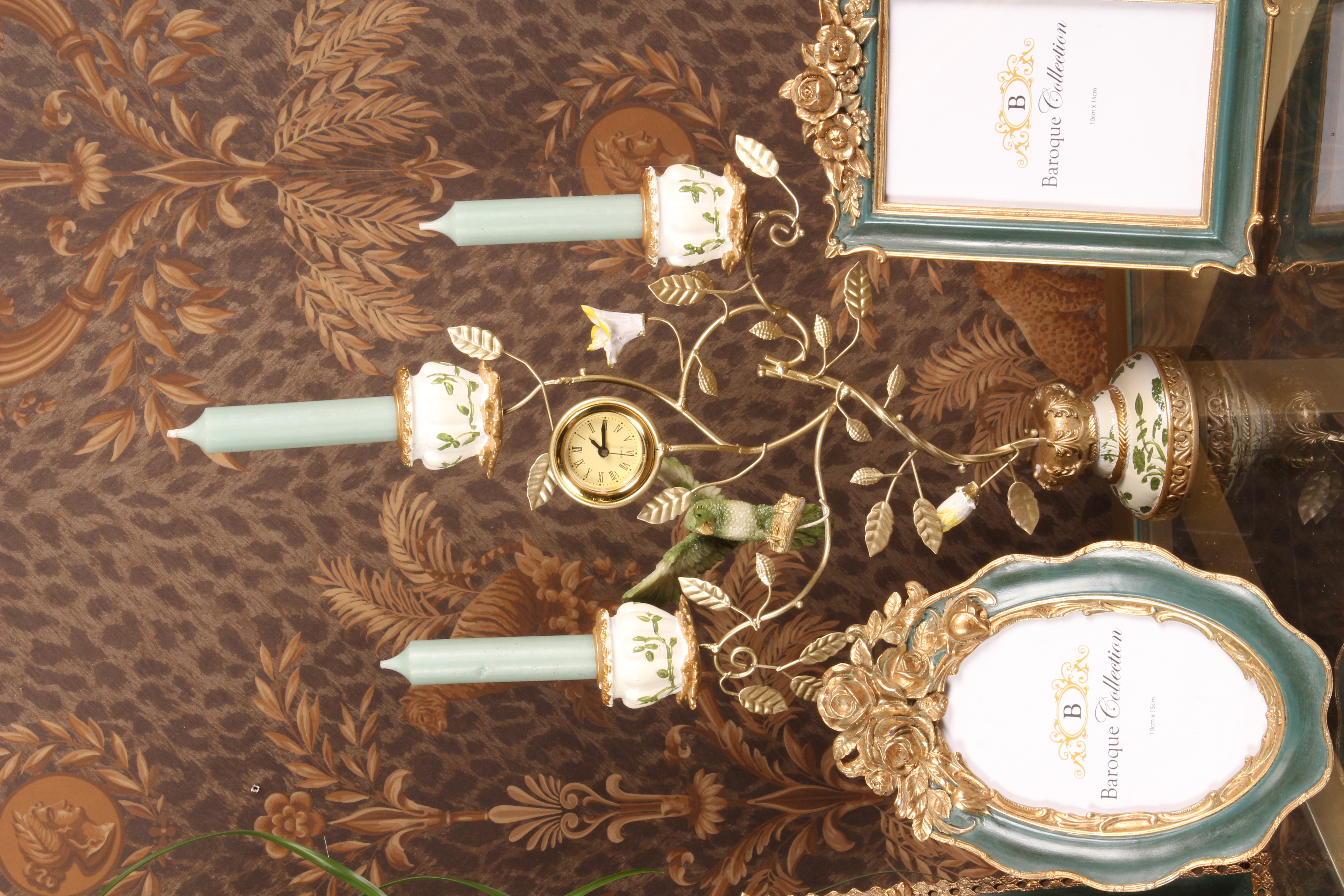 Kandelaar Papegaai met Klok 32 cm - Groen - Resin