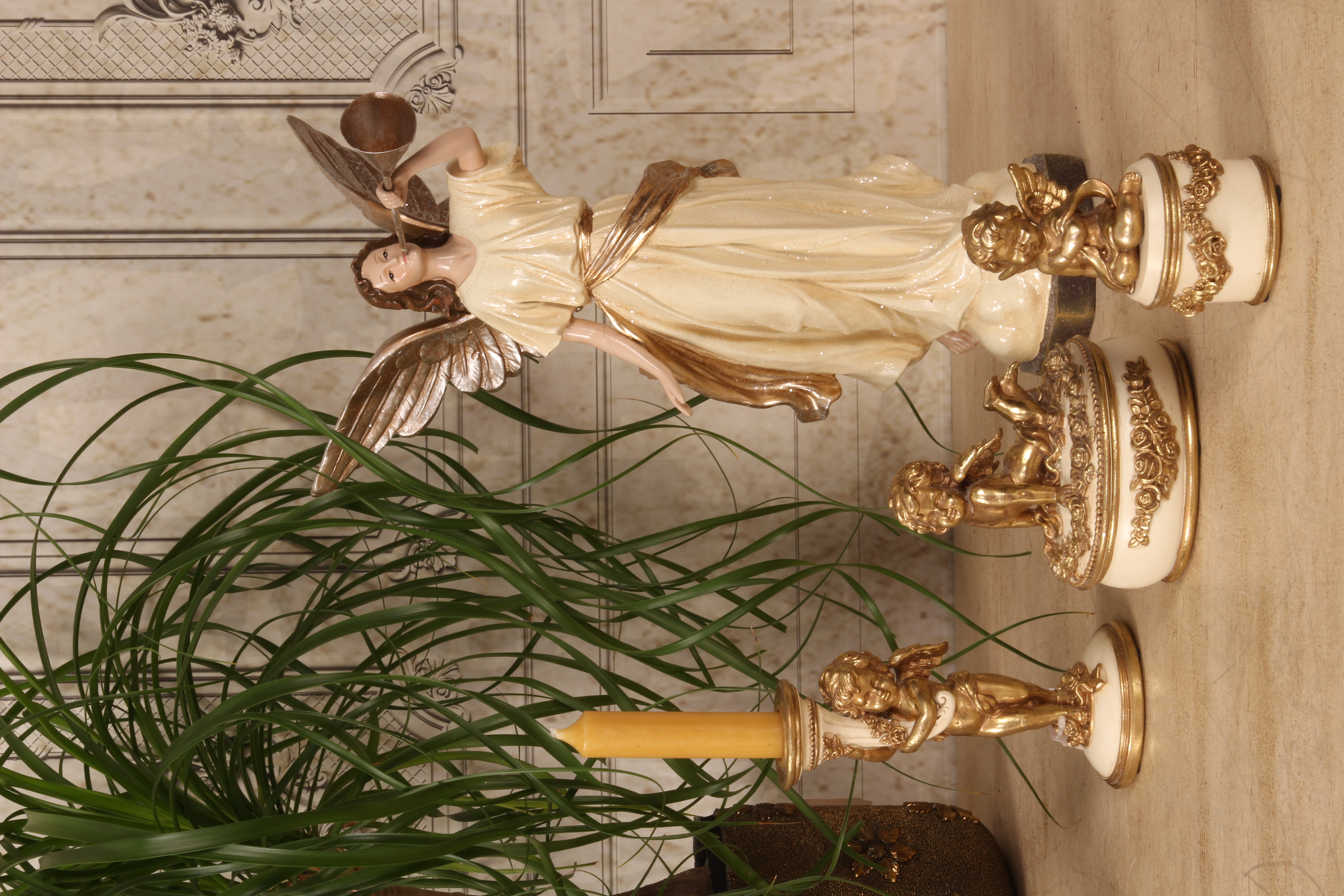 Kandelaar Engel 16 cm - Crème/Goud - Resin