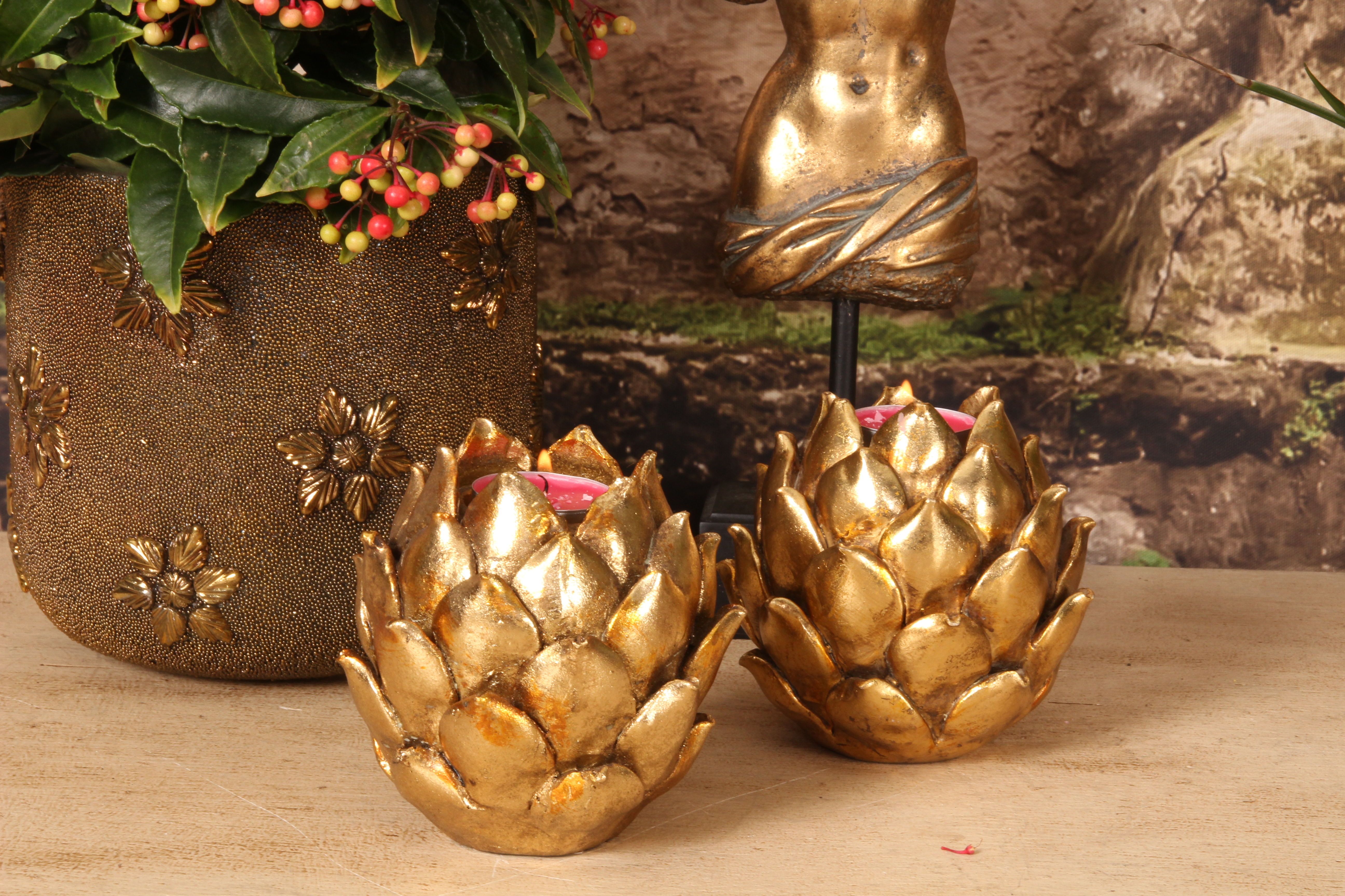 Flower Candle Holder 11 cm - Gold - Resin