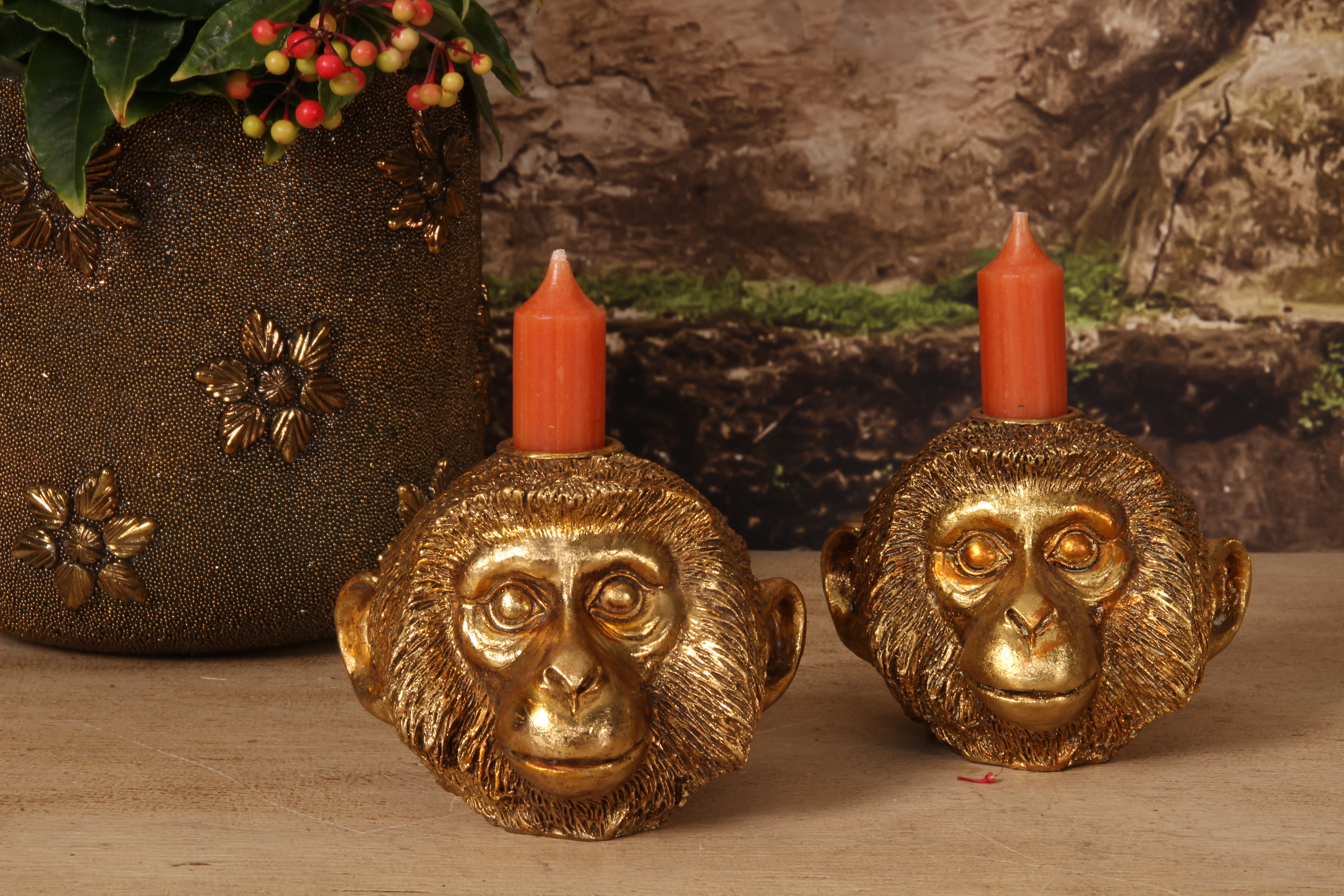 Monkey Candle Holder 9 cm - Gold - Resin