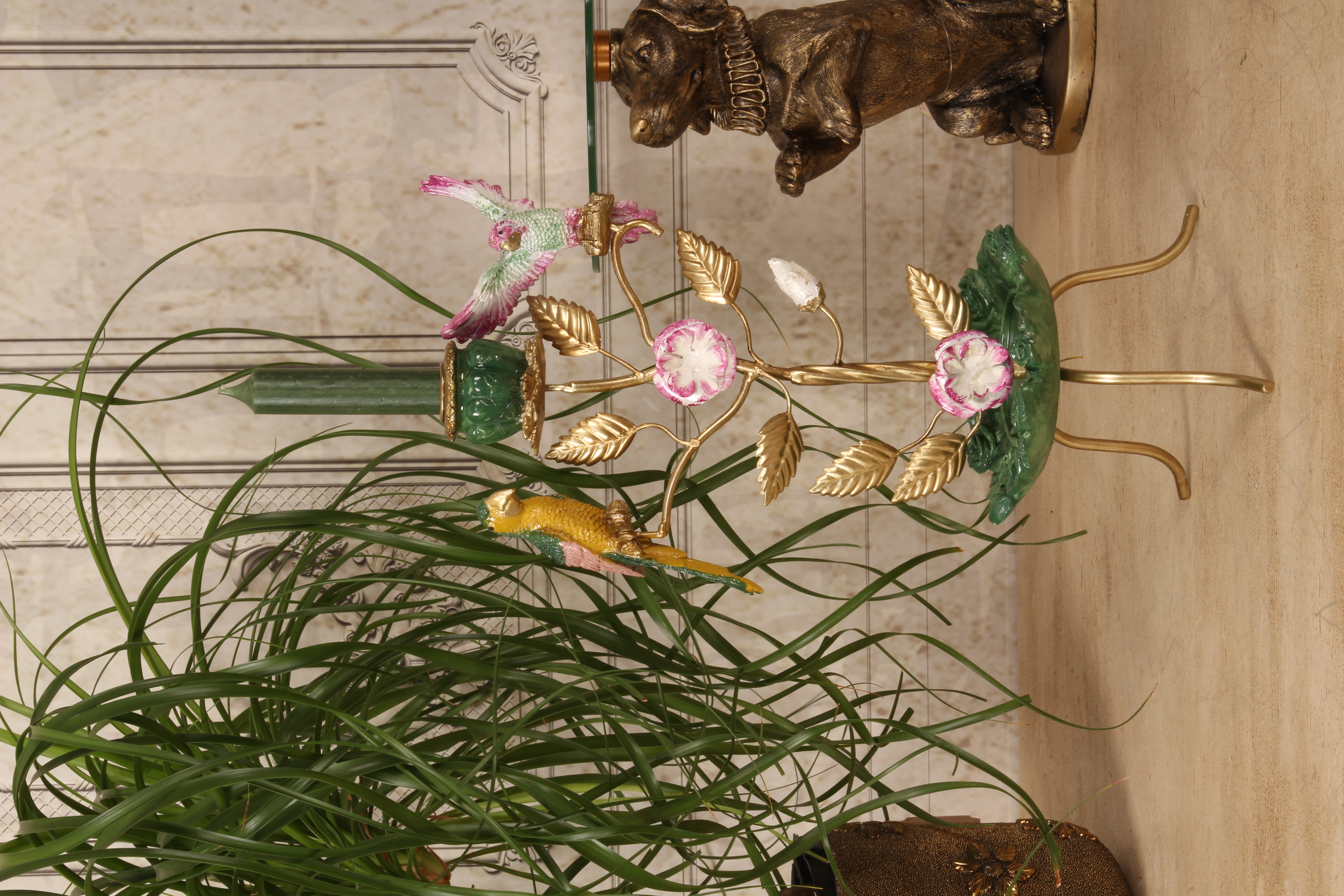 Kandelaar Vogels 38,5 cm - Groen - Resin