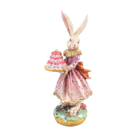 Rabbit with Cake Figurine 28.5 cm - Pink - Resin