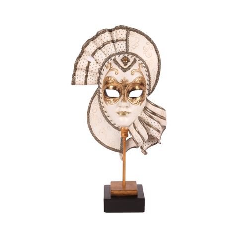 Mask on Stand 37 cm - White/Gold - Resin