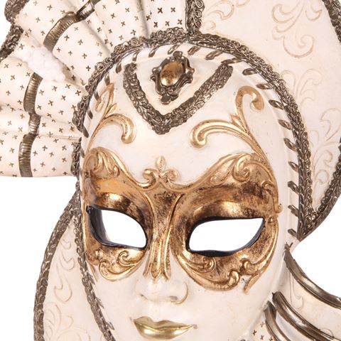 Mask on Stand 37 cm - White/Gold - Resin