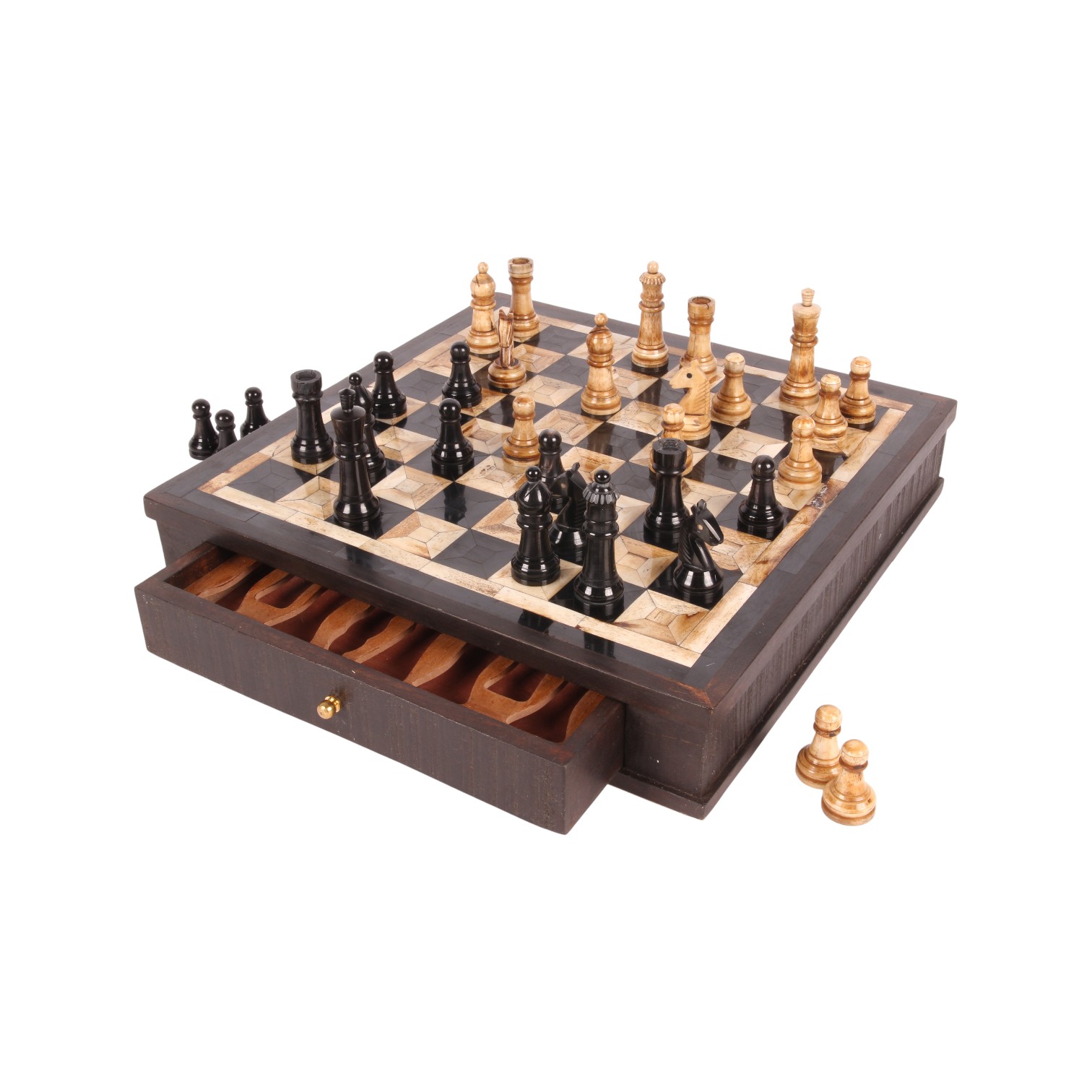 Chess Board with Drawers 39 cm - Brown - Wood