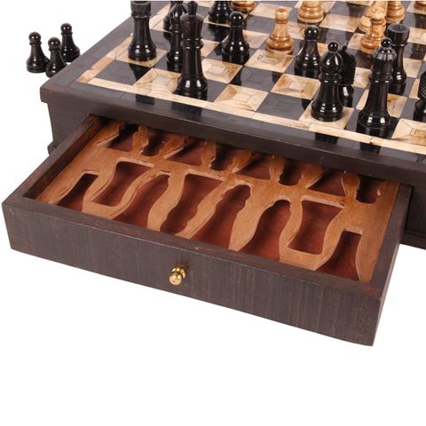 Chess Board with Drawers 39 cm - Brown - Wood