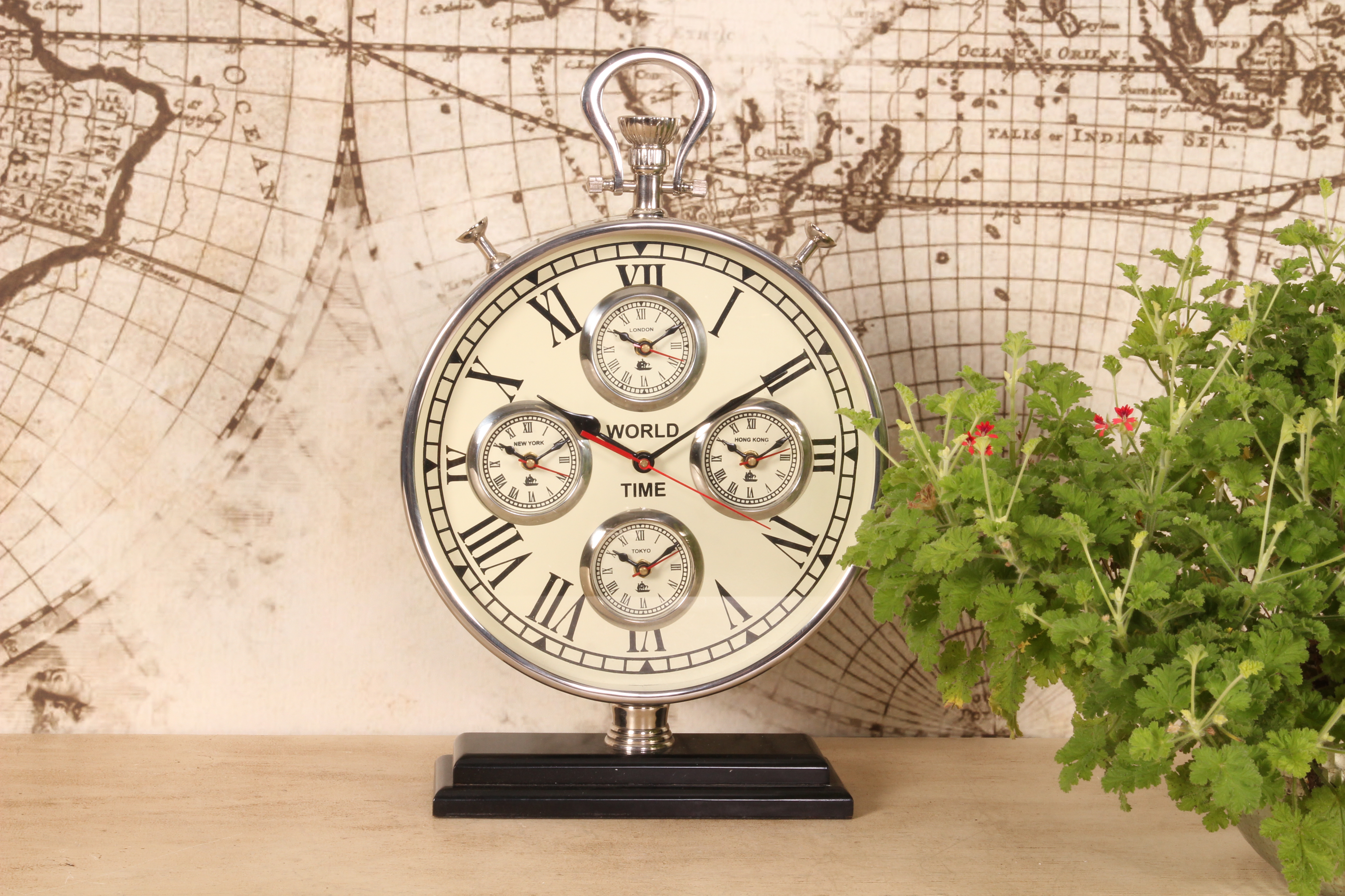 World Time Clock on Base 48 cm - Silver - Steel/Aluminium