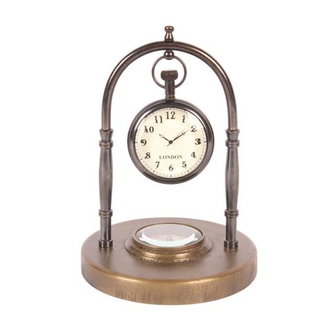 Hanging Table Clock with Compass on Base 15 cm - Gold - Brass/Aluminium