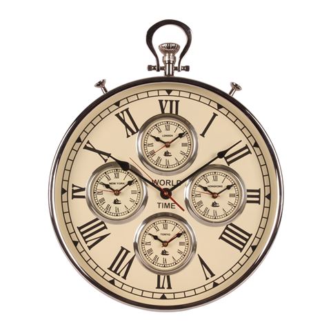 World Time Wall Clock 51 cm - Silver - Round - Steel/Aluminium