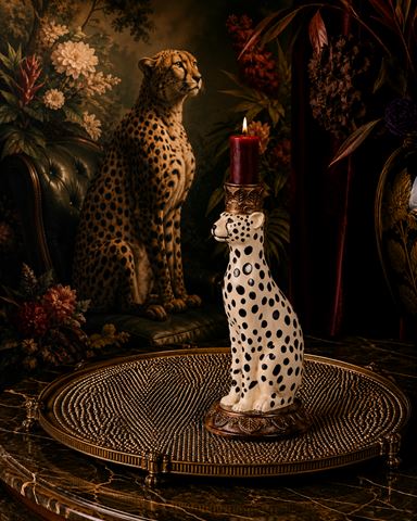 Kandelaar Luipaard 23 cm - Wit- Resin