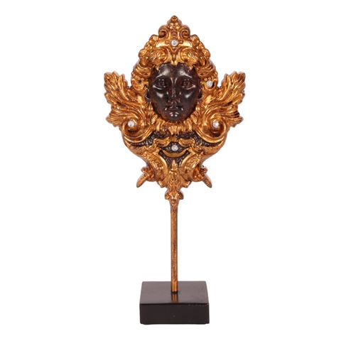 Barok Mascaron Ornament op Standaard 24 cm - Zwart/Goud - Resin