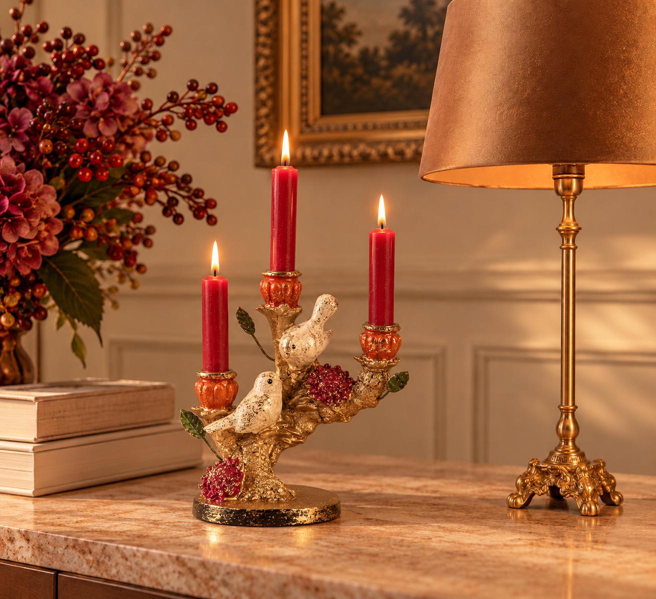 Kandelaar Vogels 19,5 cm - Goud - Resin